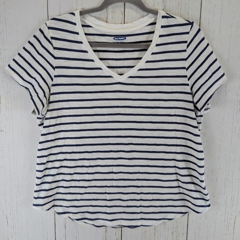 Old Navy Size Large Blue White Stripe V Neck Short Sleeve Womens Top